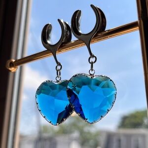 Silver and Blue Glass Heart Hangers for stretched ears 5/8” 16mm